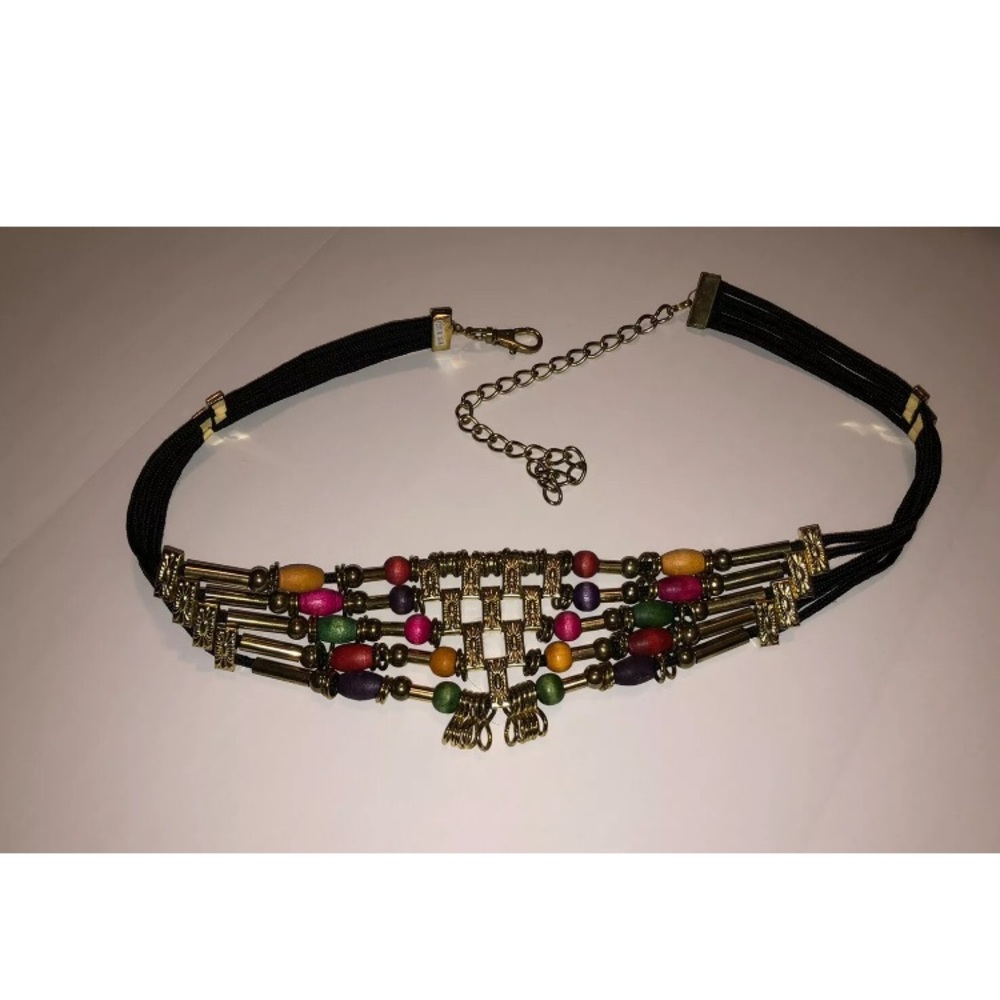 Women's Boho Style Wooden Beads and Floral Stamped Metal Squares Belt